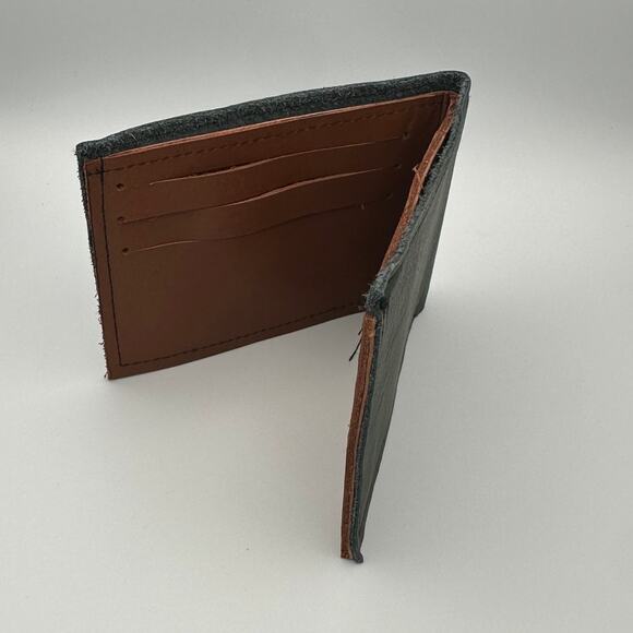 Handmade Oaxaca Leather Wallet Military Green Camel Bifold - Picture 4 of 8